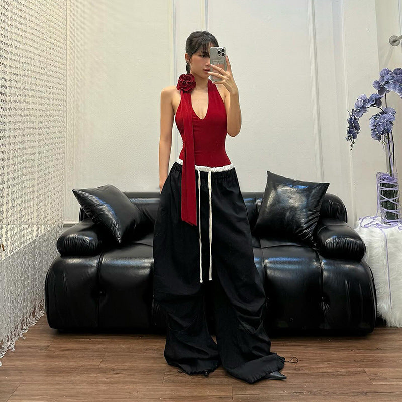 Women's Fashion Style Loose Casual Simple All-match Basic Color-contrasting Stripe Trousers