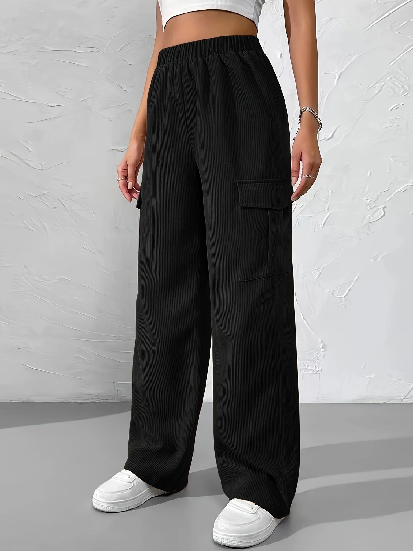 Women's Loose Elastic Waist Overalls Corduroy Wide Leg Straight Casual Trousers