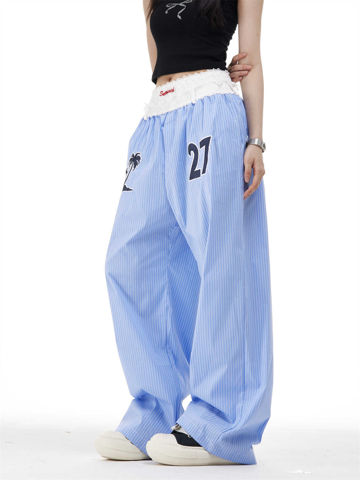 Vertical Stripes Embroidery Slimming Casual Pants Straight Wide Leg Pants