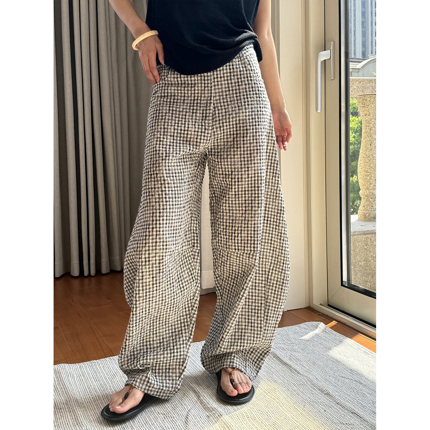 Women's Plaid Linen Curved Wide Leg Leisure Lightweight Breathable Trousers