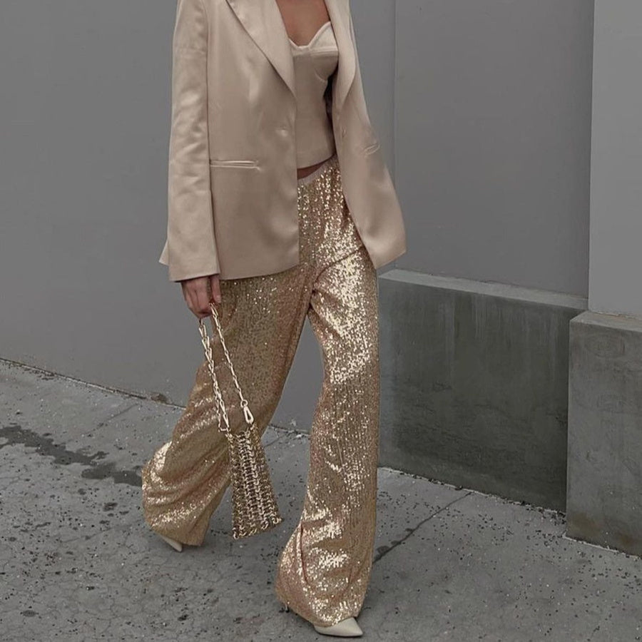 Autumn And Winter Shimmer Sequins Straight Mopping Pants Women
