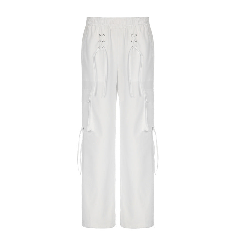 American Lace-up Decorative Corns Pocket Loose Slimming Workwear Pants
