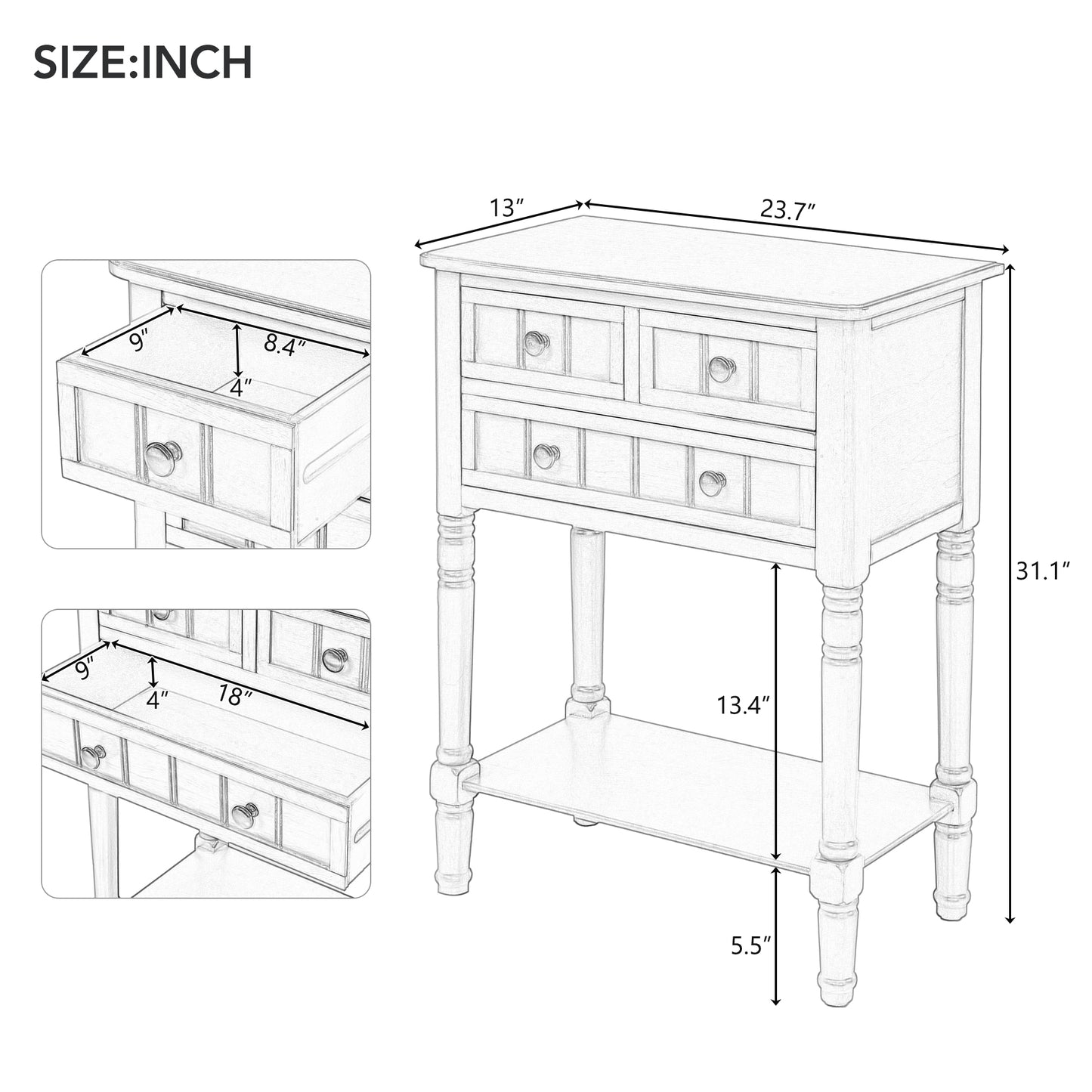 TREXM Narrow Console Desk, Ultra Thin Sofa Table with Three Storage Drawers and Living Room Bottom Shelves (Espresso)