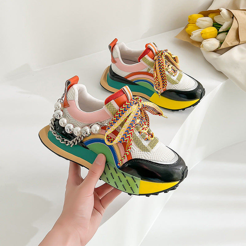 All-Match Leather Shoes Summer New Thick-Soled Sports Casual Shoes Women's Mesh Breathable Shoes