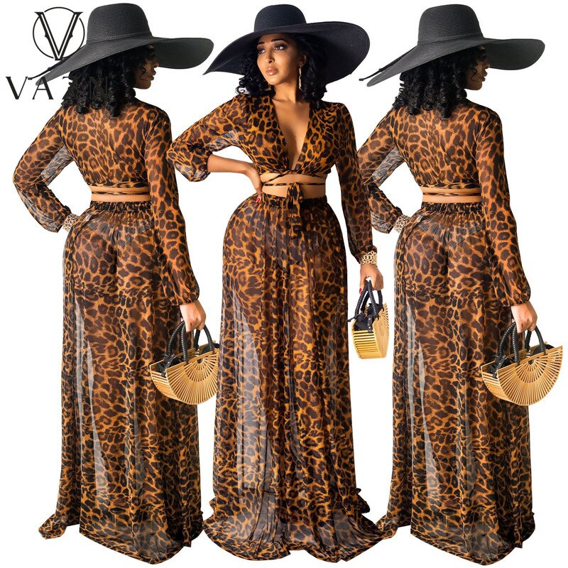 VAZN Spring and Summer European and American Women's Leopard Print Chiffon Print Skirt Set of 2 Pieces (Without Underwear)