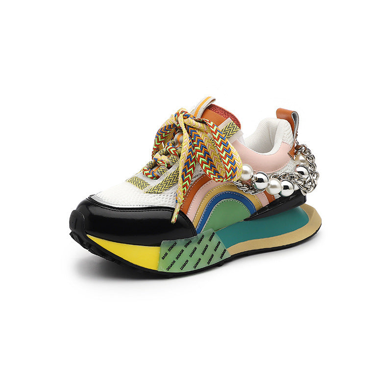 All-Match Leather Shoes Summer New Thick-Soled Sports Casual Shoes Women's Mesh Breathable Shoes