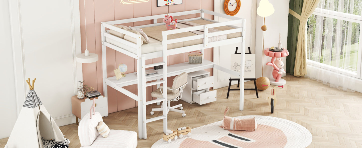 Twin Loft Wood Bed with Under-bed, Built-in Desk, a Storage Cabinet of 2 Drawers, Guardrails, Ladder,White