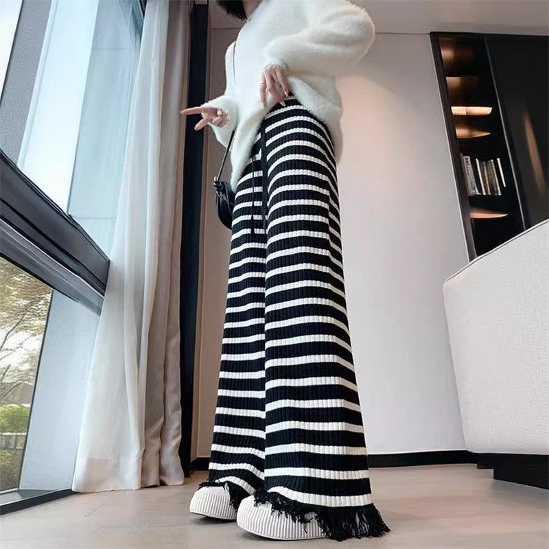 Women's Striped Tassel Knitted Wide-leg Pants Loose