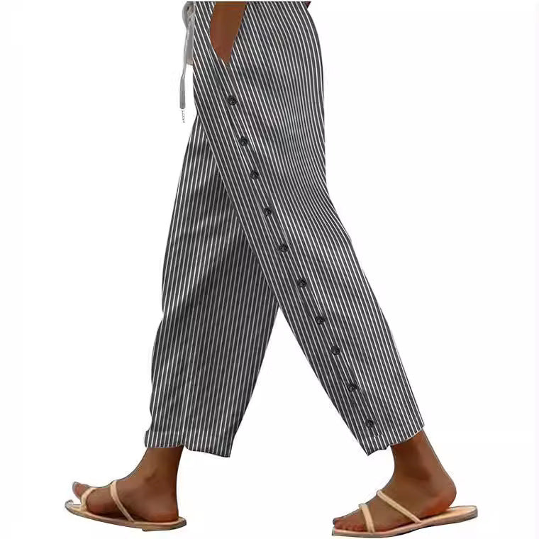 Women's Striped Side Button Fashion Loose Trousers