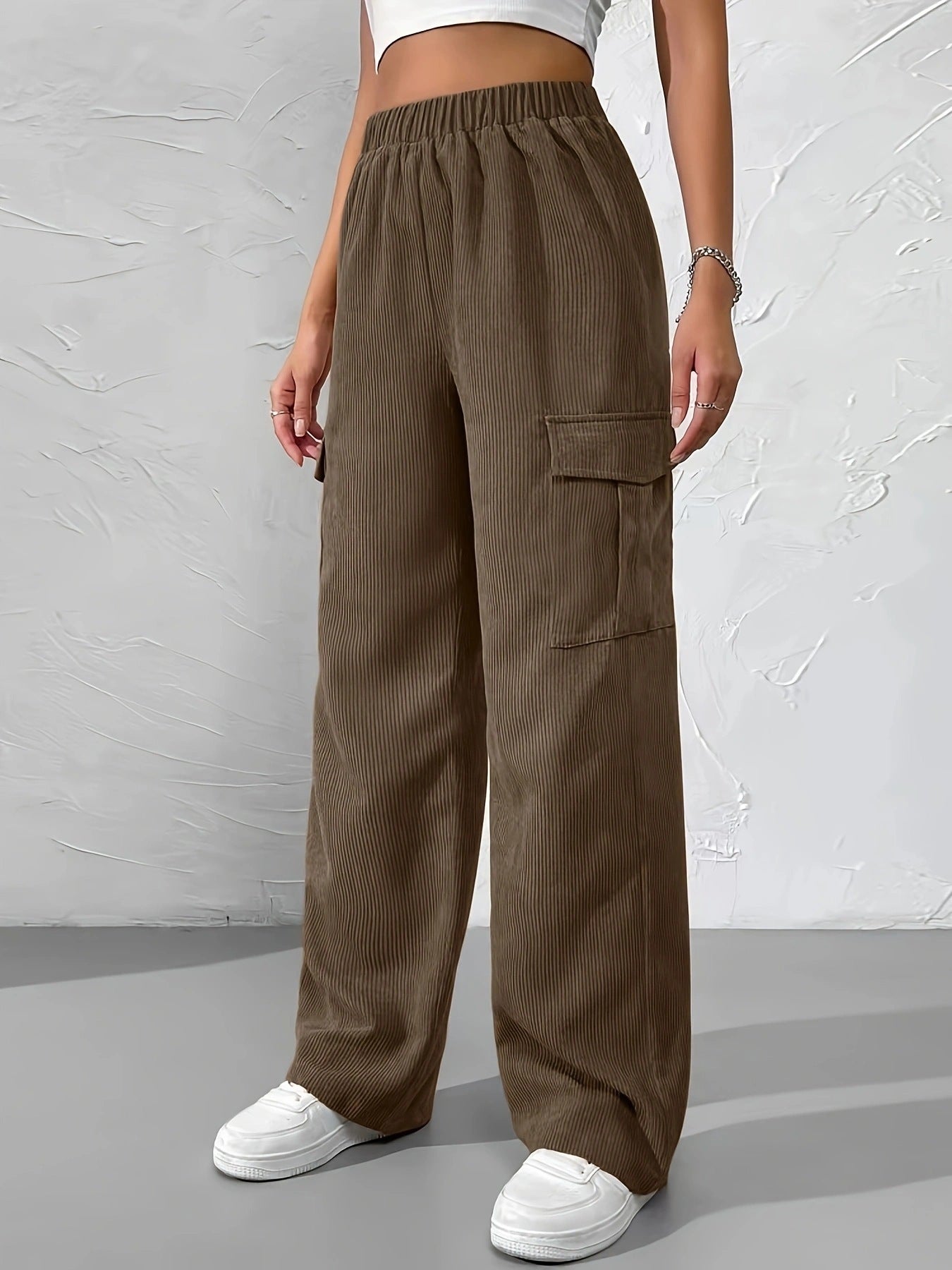 Women's Loose Elastic Waist Overalls Corduroy Wide Leg Straight Casual Trousers