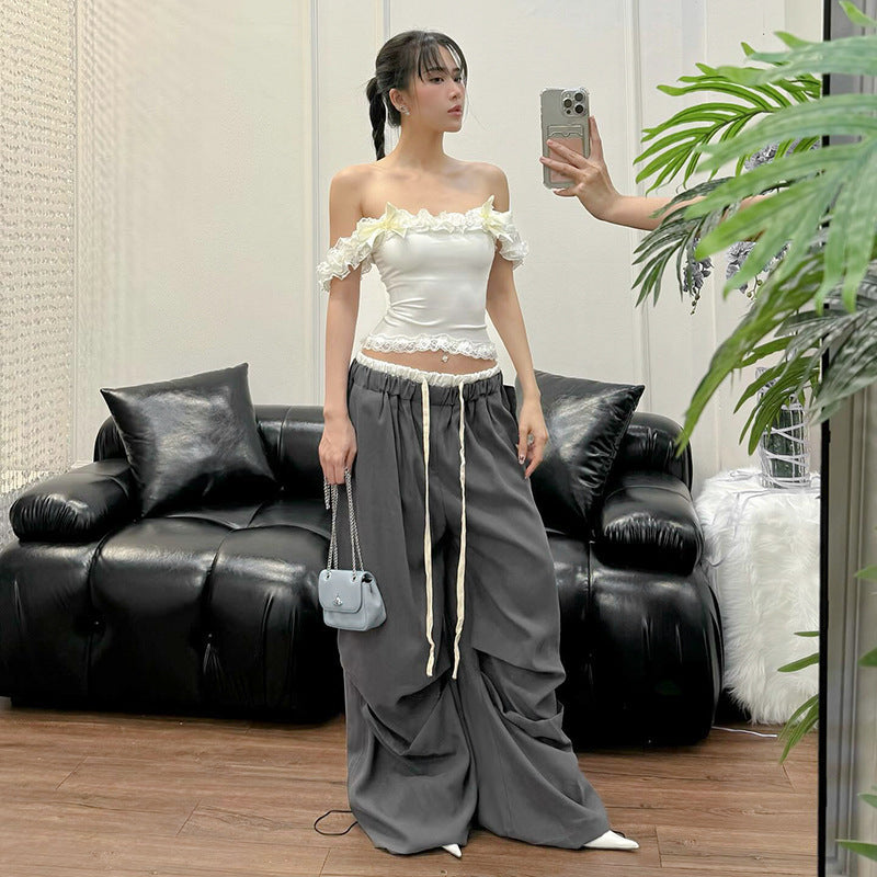 Women's Fashion Style Loose Casual Simple All-match Basic Color-contrasting Stripe Trousers