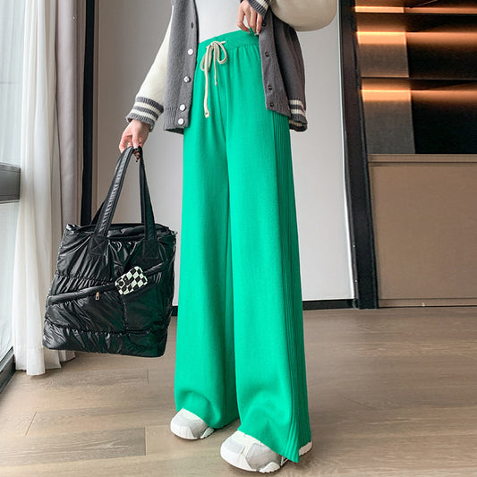 Women's Knitted Wide-leg Pants High Waist Drawstring Loose