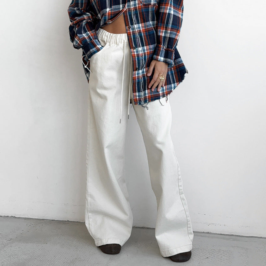 White Pure Cotton Tied Mid-waist Wide-leg Pants