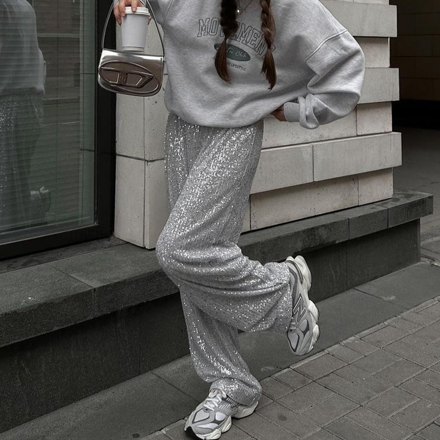 Autumn And Winter Shimmer Sequins Straight Mopping Pants Women