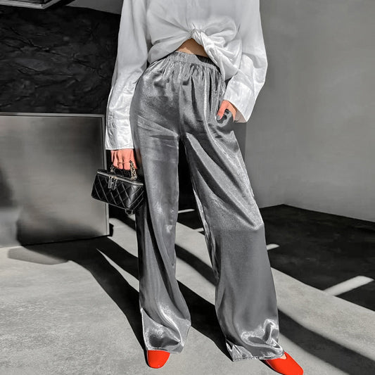 Women's Textured Gold And Silver Woven Casual Drooping Straight Pants