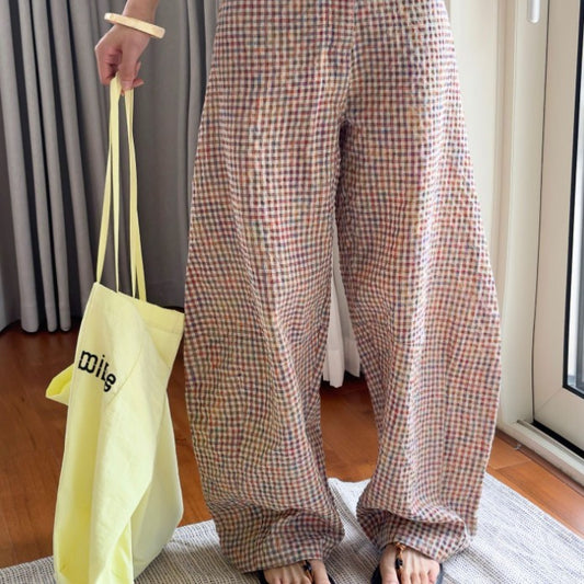 Women's Plaid Linen Curved Wide Leg Leisure Lightweight Breathable Trousers