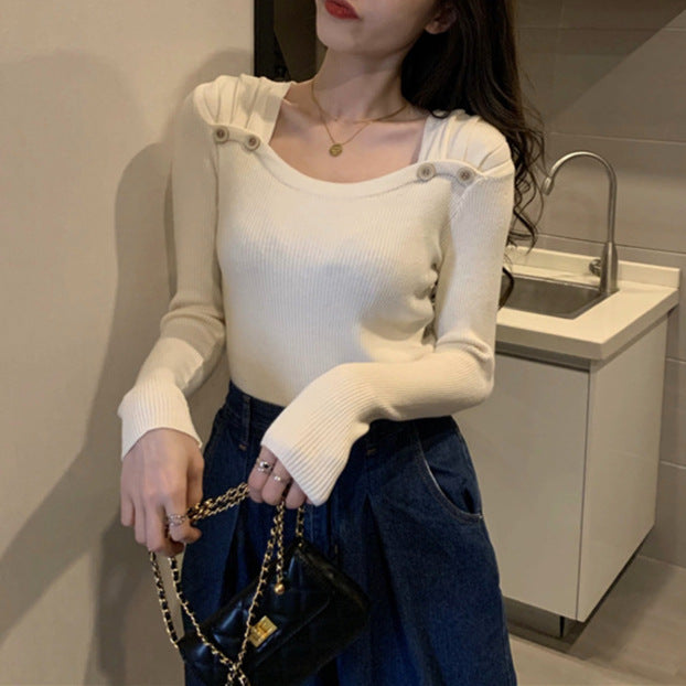 Women's Square Collar Long Sleeve Knitted Bottoming Shirt