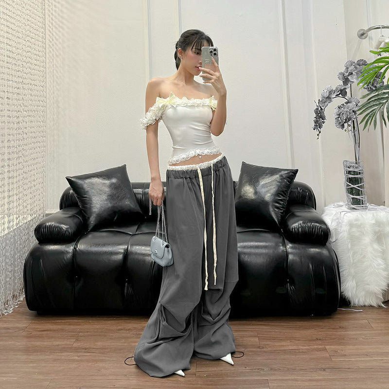 Women's Fashion Style Loose Casual Simple All-match Basic Color-contrasting Stripe Trousers