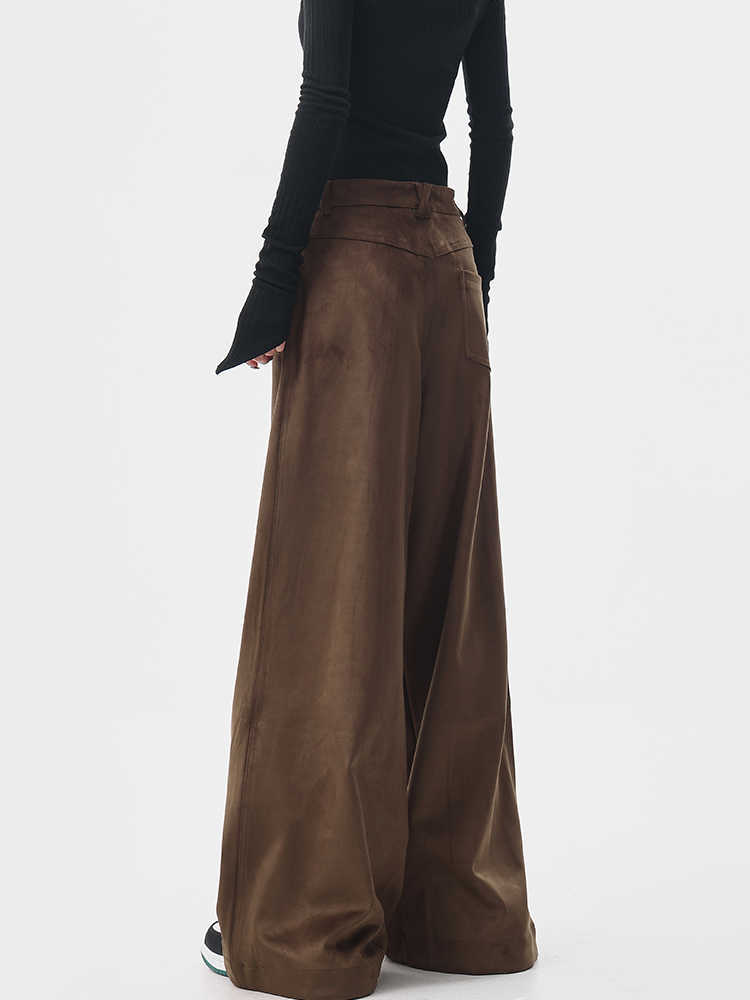 Women's Thickened Brown Casual Pants Retro Mop Wide Leg Pants