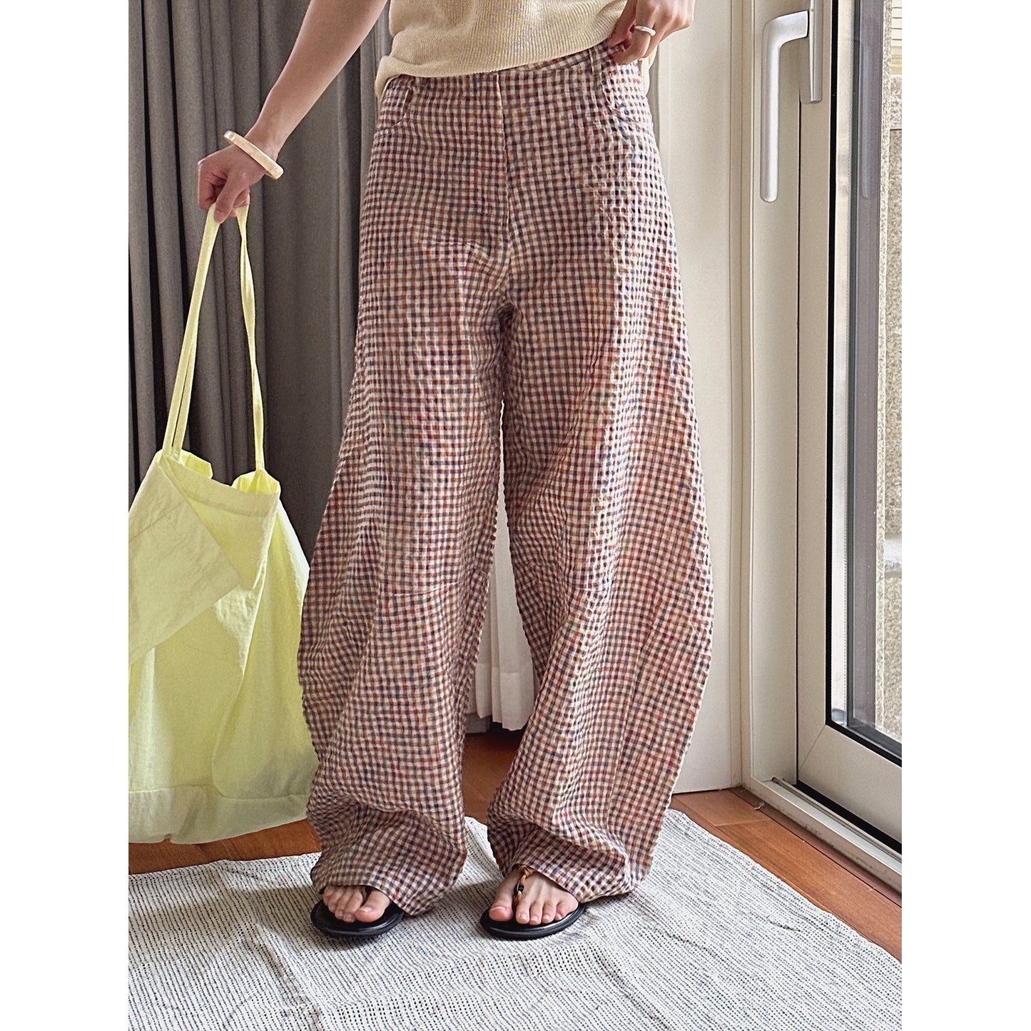 Women's Plaid Linen Curved Wide Leg Leisure Lightweight Breathable Trousers