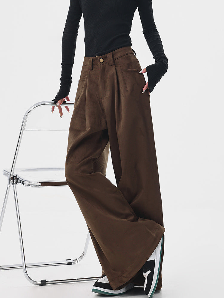 Women's Thickened Brown Casual Pants Retro Mop Wide Leg Pants