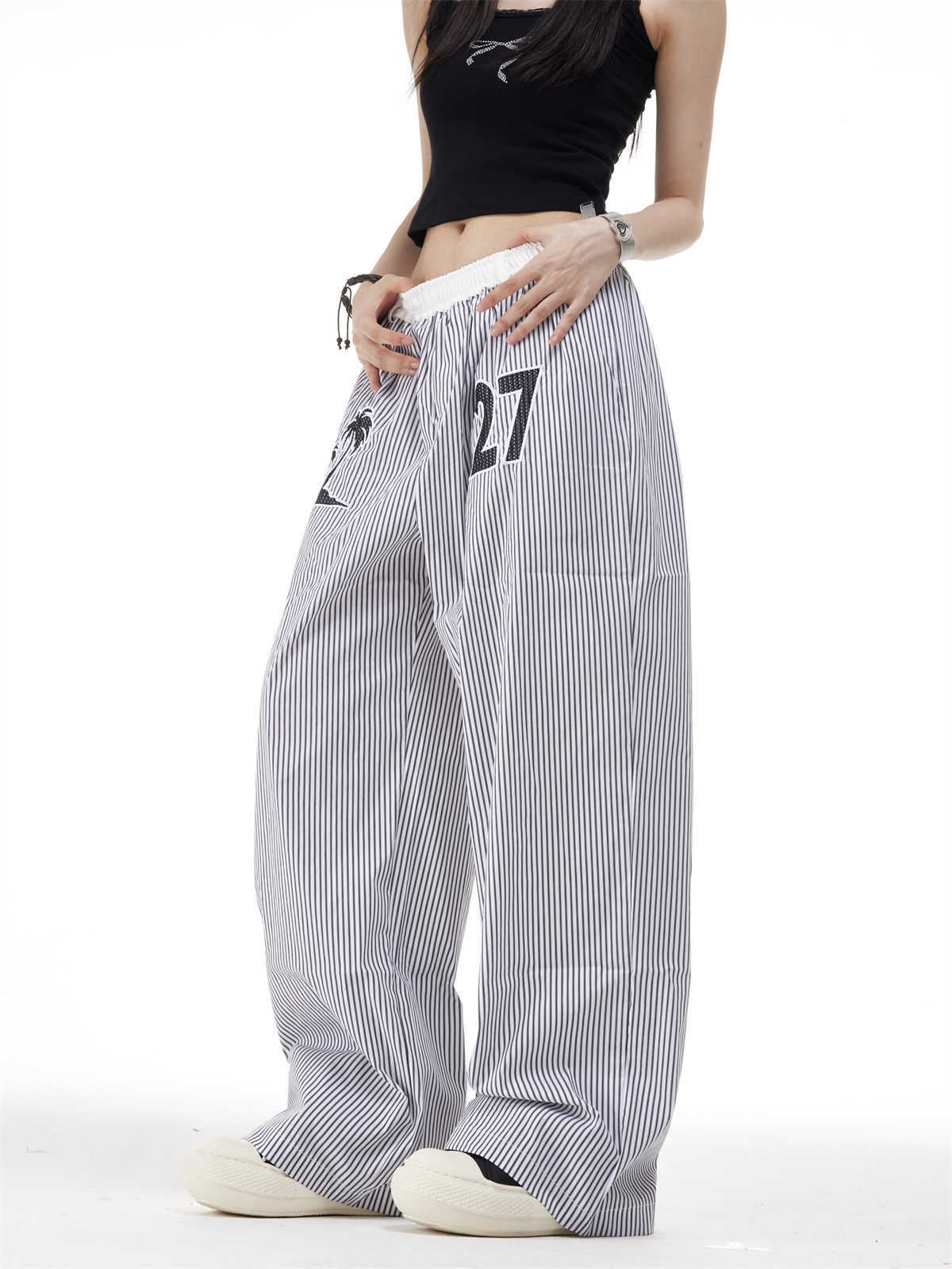 Vertical Stripes Embroidery Slimming Casual Pants Straight Wide Leg Pants