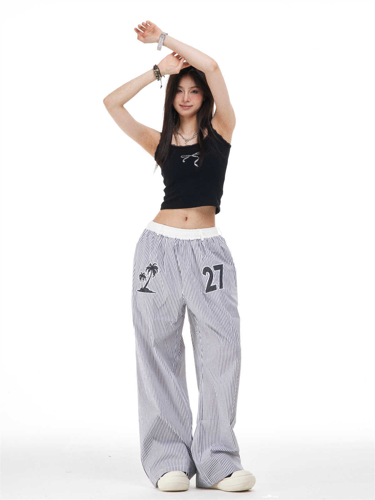 Vertical Stripes Embroidery Slimming Casual Pants Straight Wide Leg Pants