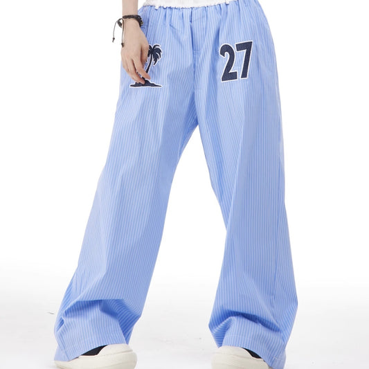Vertical Stripes Embroidery Slimming Casual Pants Straight Wide Leg Pants