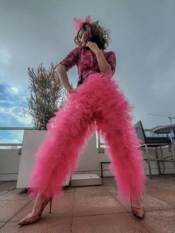 Women's Mesh Stitching Elastic Cake Pants