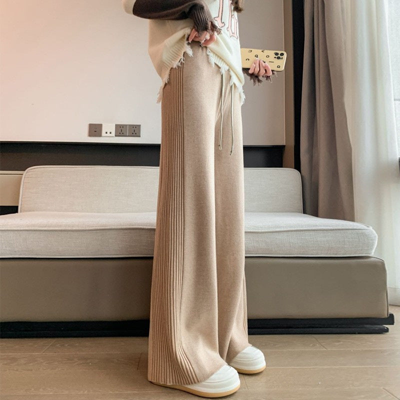 Women's Knitted Wide-leg Pants High Waist Drawstring Loose
