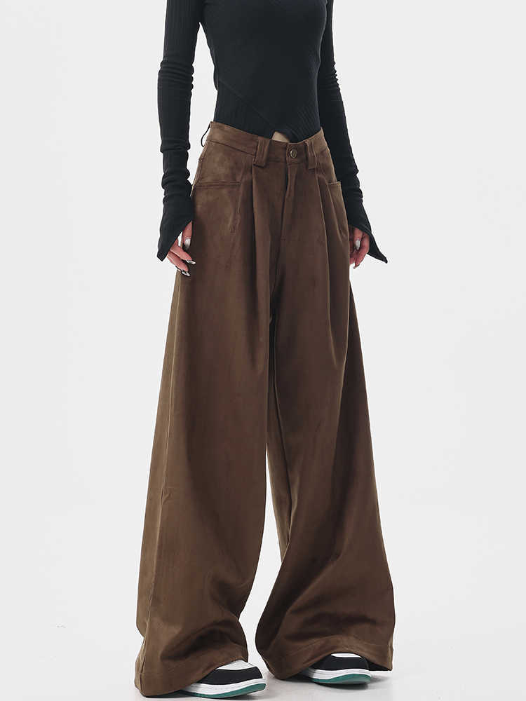 Women's Thickened Brown Casual Pants Retro Mop Wide Leg Pants
