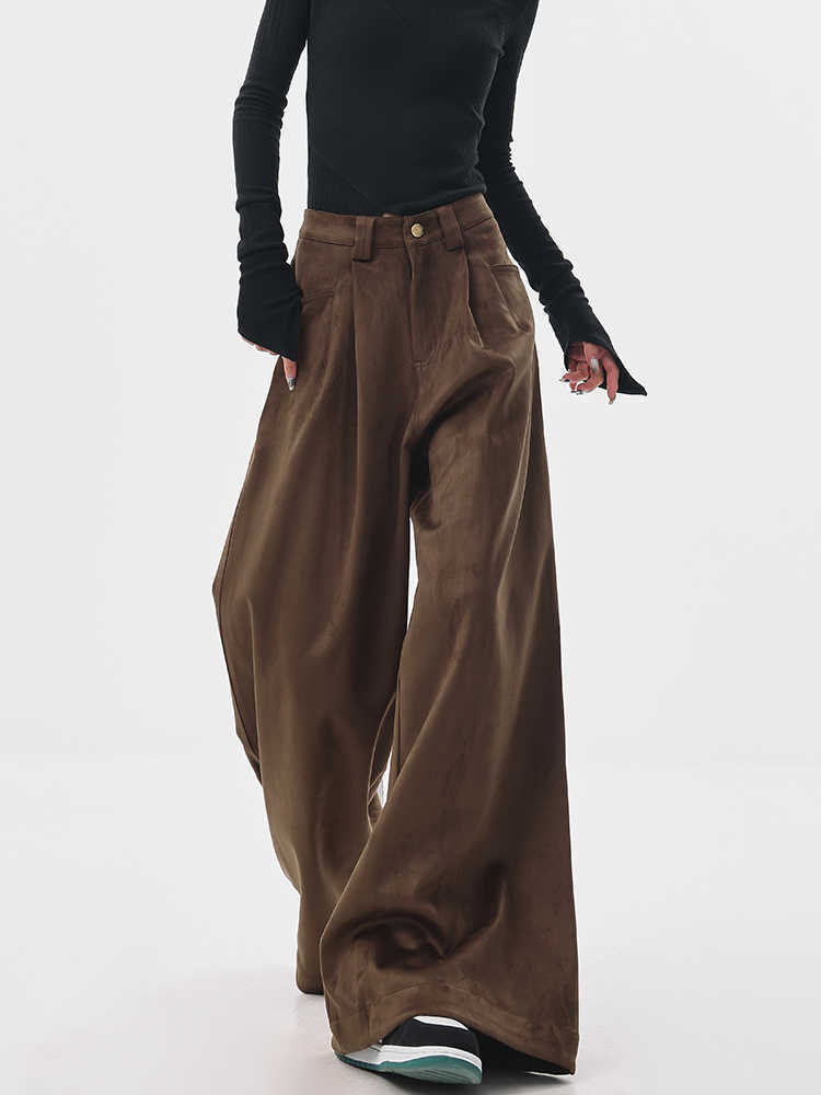 Women's Thickened Brown Casual Pants Retro Mop Wide Leg Pants