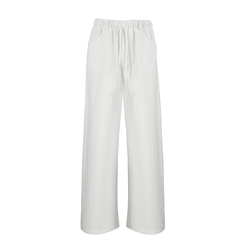 White Pure Cotton Tied Mid-waist Wide-leg Pants